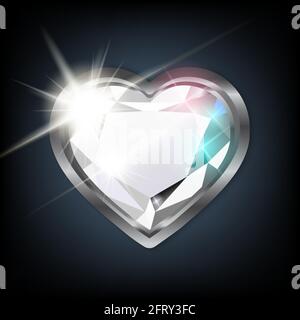 Bright heart-shaped diamond set in white gold. Precious stone on a black background. 3d realistic vector illustration Stock Vector