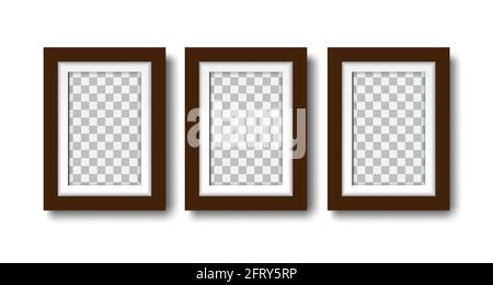 Three blank photo frames. Set of empty frames with mat, for interior design. Mock up isolated on white background. Vector. Stock Vector