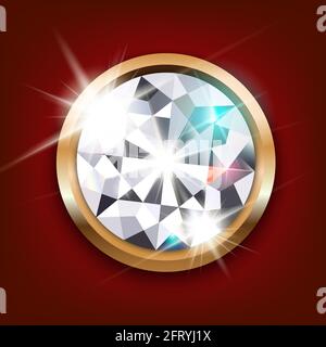 Round drazocene stone, diamond in gold setting. On a red background. 3d realistic vector illustration. Stock Vector