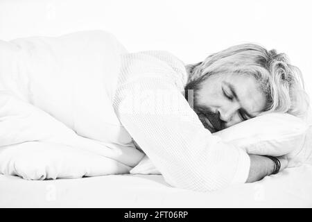 Having nap. Sweet dreams. Hipster with beard fall asleep. Good night. Mental health. Practice relaxing bedtime ritual. Man with sleepy face lay on Stock Photo