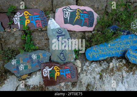 McLeod Ganj, India - May 2021: Prayer stones located around the Tsuglagkhang Complex on May 21, 2021 in Dharamshala, Himachal Pradesh, India. Stock Photo