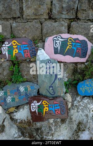 McLeod Ganj, India - May 2021: Prayer stones located around the Tsuglagkhang Complex on May 21, 2021 in Dharamshala, Himachal Pradesh, India. Stock Photo