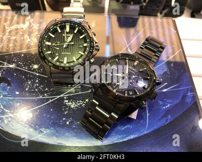 Alicante, Spain - April, 2021: The world first GPS solar man watch Seiko Astron on boutique display  Stock Photo