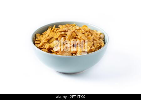 Corn flakes in a blue bowl isolated on white background Stock Photo