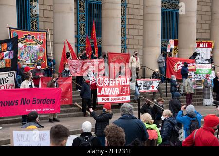 Sheffield, UK: 1st May 2021 : Protestors listen to speakers on the steps at City Hall on the International Day of Workers and Kill the Bill protest, B