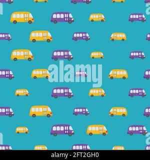 Seamless pattern with cute bus, car on blue background. Cartoot transport. Vector illustration. Doodle style. Design for baby print, invitation Stock Vector