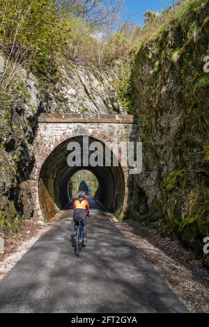 Female cyclist riding the Keswick to Threlkeld Cycle rail trail, Lake District, Cumbria, UK. Stock Photo