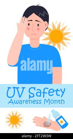 UV Safety Awareness Month concept vector. Healthcare, medical event is celebrated in July. Bottle of water and sunscreen, ice are prevention of heat s Stock Vector