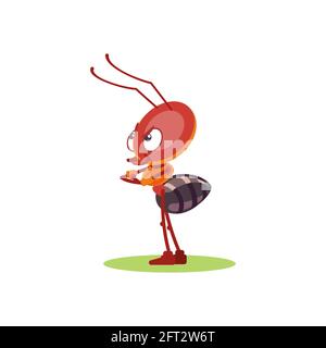 The angry ant stands in thought. Cartoon character orange insect vector illustration isolated on white background Stock Vector