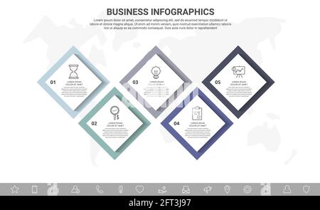 Vector infographic square label, template design. Business concept, Infograph with rhombus five options, step or segments. Line infographics element Stock Vector