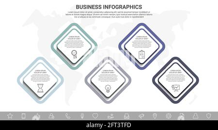 Vector infographic rhombus. Business concept of 5 options and squares. Timeline step by step template with five labels for diagram, web, banner Stock Vector