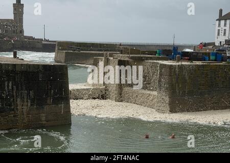Cornwall, UK. May 21 2021: Porthleven Cornwall strong winds cause seafoam, to cover boats in the harbour, locals still swim, Cornish snow, Credit: kathleen white/Alamy Live News Stock Photo