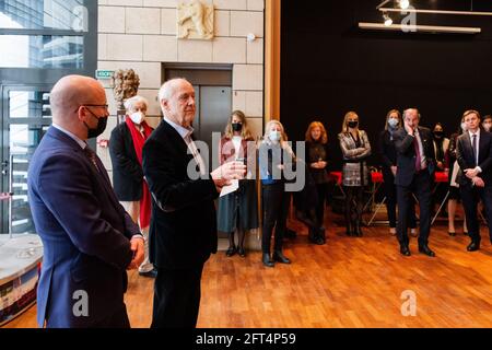 Paris, France. 20th May, 2021. After seven years of renovation works the Czech Centre in Paris inaugurated its library within the Czech consulate with the exhibition entitled 'Milan Kundera: Nostalgia For Europe' that opens to the public on Thursday, May 20, 2021, in Paris, France. On the photo are seen L-R director of the Czech Center in Paris Jiri Hnilica and political scientist Jacques Rupnik. Credit: Tereza Novakova/CTK Photo/Alamy Live News Stock Photo