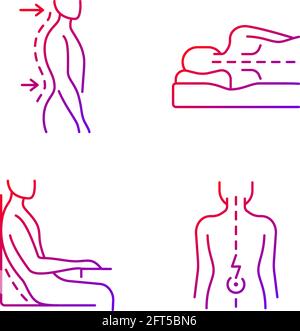 Postural dysfunction gradient linear vector icons set. Lumbar lordosis. Side-lying sleeping position. Muscle spasms. Thin line contour symbols bundle. Stock Vector