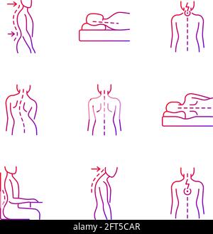 Back and posture problems gradient linear vector icons set. Lumbar lordosis. Incorrect sleeping position. Neck pain. Thin line contour symbols bundle. Stock Vector