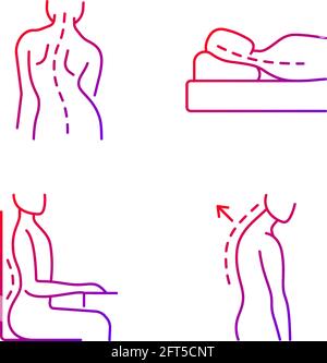 Poor posture problems gradient linear vector icons set. Scoliosis. Sleeping with head elevated. Sideways curve. Thin line contour symbols bundle. Isol Stock Vector