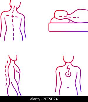 Postural dysfunction gradient linear vector icons set. Head tilt. Incorrect sleeping position. Normal spinal anatomy. Thin line contour symbols bundle Stock Vector