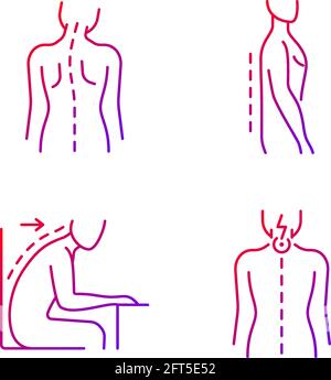 Bad posture problems gradient linear vector icons set. Head tilt. Flatback syndrome. Slouching. Neck pain. Thin line contour symbols bundle. Isolated Stock Vector