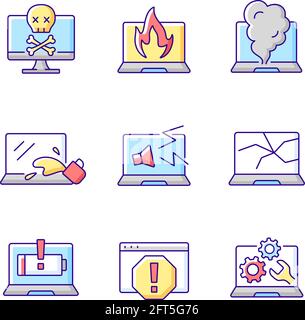 Computer damage RGB color icons set Stock Vector