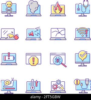 Computer problems RGB color icons set Stock Vector