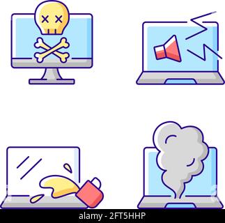 Broken laptop RGB color icons set Stock Vector