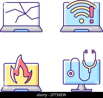 Computer issues RGB color icons set Stock Vector