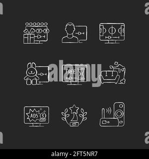 Broadcast services chalk white icons set on black background Stock Vector