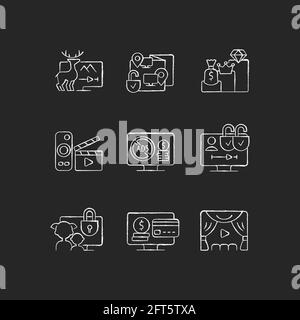 Broadcasting services chalk white icons set on black background Stock Vector