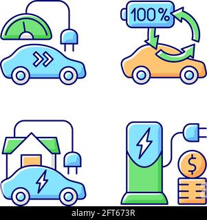 Electric vehicle charging RGB color icons set Stock Vector