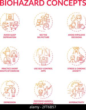 Self control red gradient concept icons set Stock Vector