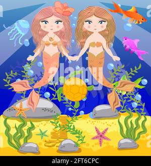 background with an underwater world in a children's style. Two mermaids hold hands, friends, sisters, beloved. gold on the bottom of the sea. Seabed i Stock Vector