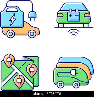 Electric vehicle charging RGB color icons set Stock Vector