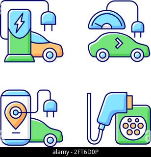 Electric vehicle charging RGB color icons set Stock Vector