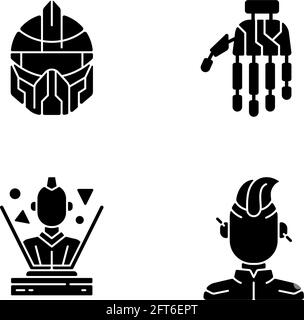 Human body cyberpunk augmentations black glyph icons set on white space Stock Vector