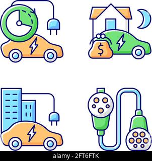 Electric vehicle charging RGB color icons set Stock Vector