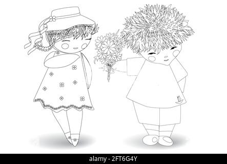 Coloring for adults and children. The boy gives the girl a bouquet of flowers. Stock Vector