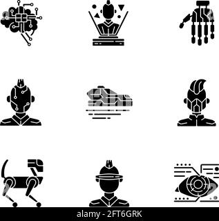 Cyberpunk attributes black glyph icons set on white space Stock Vector
