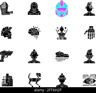 Cyberpunk black glyph icons set on white space Stock Vector