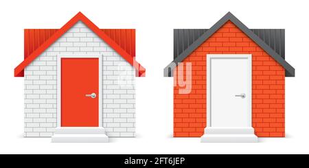 Home 3D icon isolated on background. White and orange color brick house vector illustration.  Stock Vector