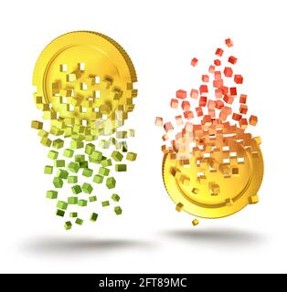 Crypto currency golden virtual money coins breaking into scattered digital pixel blocks, cryptocurrency prices variation concept Stock Photo