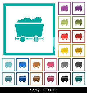 Packed mine cart flat color icons with quadrant frames on white background Stock Vector
