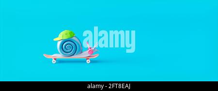 Colorful modern snail rides a skateboard 3d render 3d illustration Stock Photo
