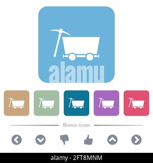 Pickaxe and mine cart white flat icons on color rounded square backgrounds. 6 bonus icons included Stock Vector