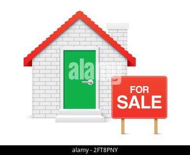 Brick house with FOR SALE banner, isolated on a white background. Real estate trading 3D vector icon. Stock Vector