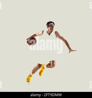 Contemporary art collage. Professional male basketball player playing isolated on light background. Stock Photo