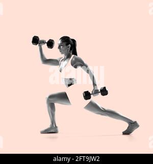 Modern design, contemporary art collage. Inspiration, idea, trendy magazine style. Sport. Professional female athlete on orange background. Stock Photo