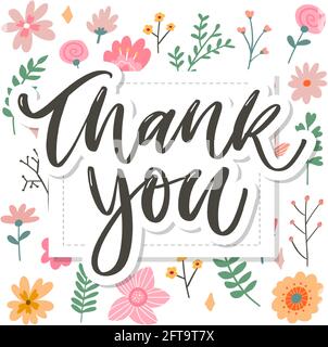 Cute Thank You Script Card Flowers Letter text Stock Vector