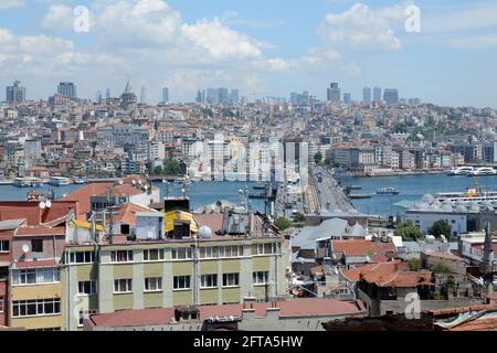 Elevated view of Istanbul looking down and across the famous Galata bridge from the historical side of the city. Stock Photo