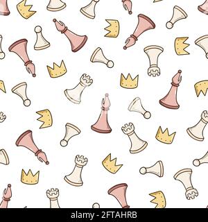 Hand drawn seamless pattern of cartoon chess game pieces. Doodle sketch style. Isolated vector illustration for a chess club, tournaments, course wallpaper, background, textile design. Stock Vector