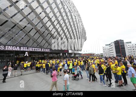 Swedish football supporters arrive at Tele 2 arena in Stockholm before an international match. Stock Photo